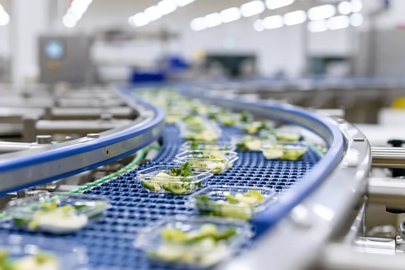 Plastic containers with salad greens moving along a blue conveyor belt in a food processing factory