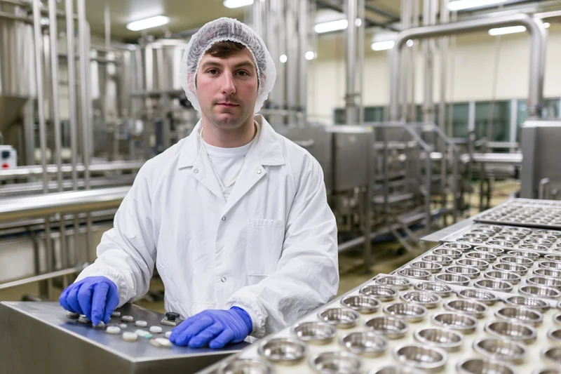 Male worker in white coveralls and hairnet operating control panel in food processing plant