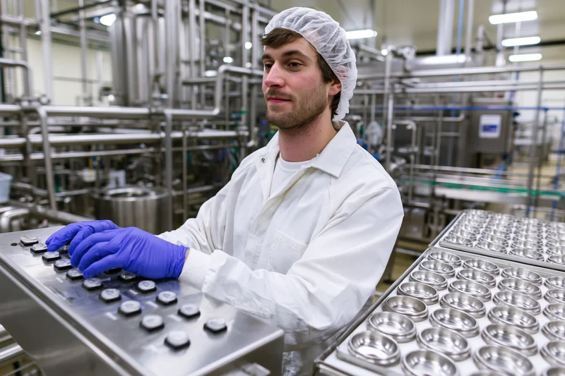 Male worker in white coveralls and hairnet operating control panel in food processing plant