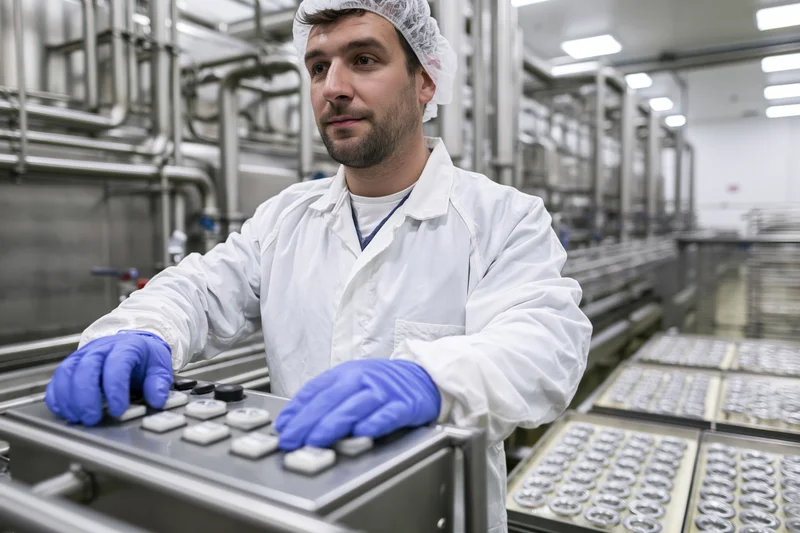 Man in white coveralls and blue gloves operating control panel in food processing plant