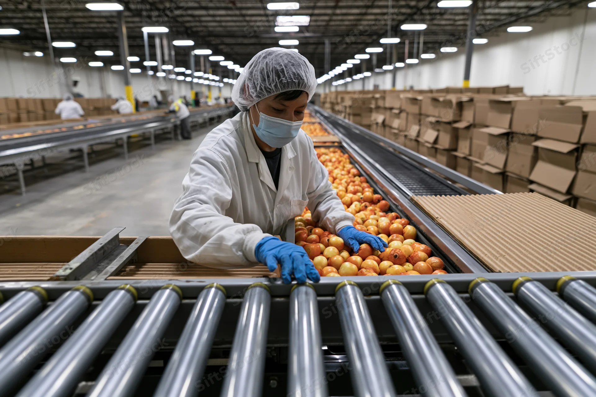 Woman in lab coat and hairnet sorting apples on conveyor belt in food processing plant