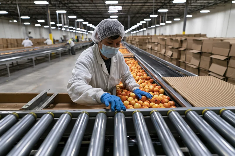 Woman in lab coat and hairnet sorting apples on conveyor belt in food processing plant