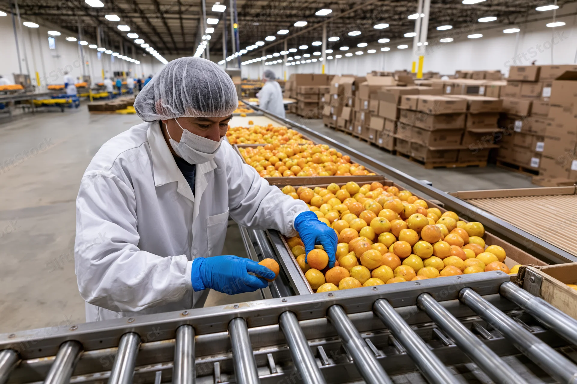Worker inspecting oranges on conveyor in food processing plant