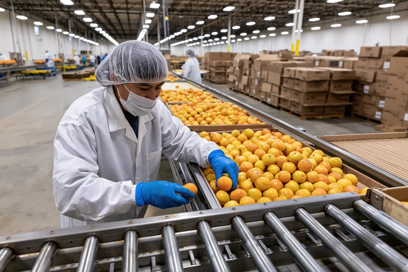 Worker inspecting oranges on conveyor in food processing plant