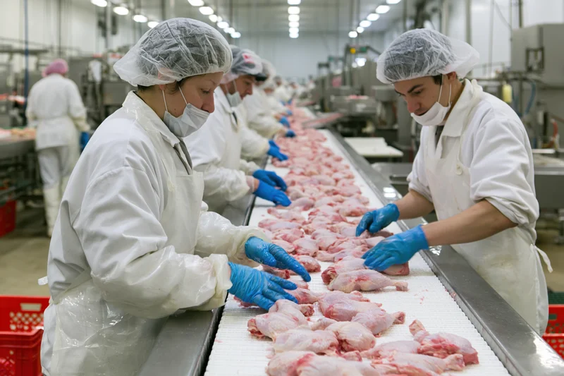 Workers processing poultry on a conveyor line in a food processing plant