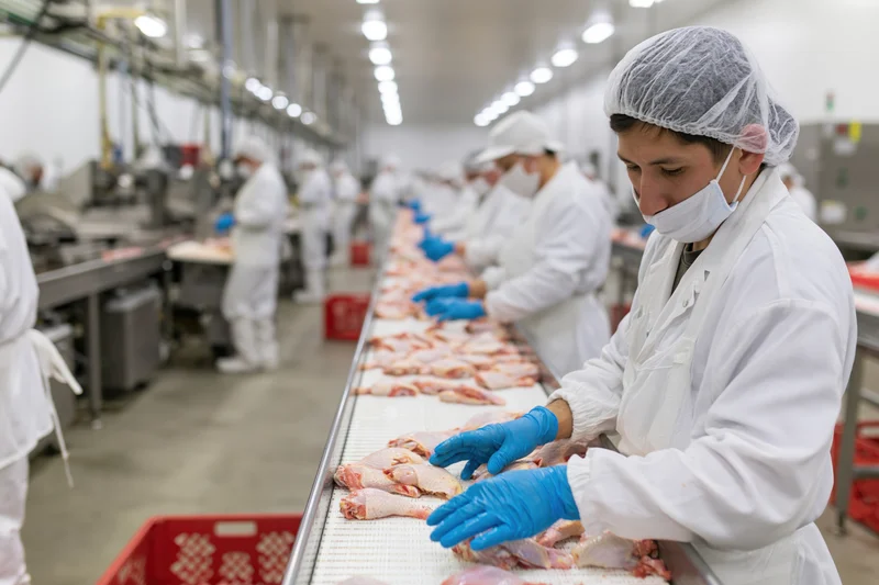 Workers processing chicken carcasses on a conveyor line in a food processing plant