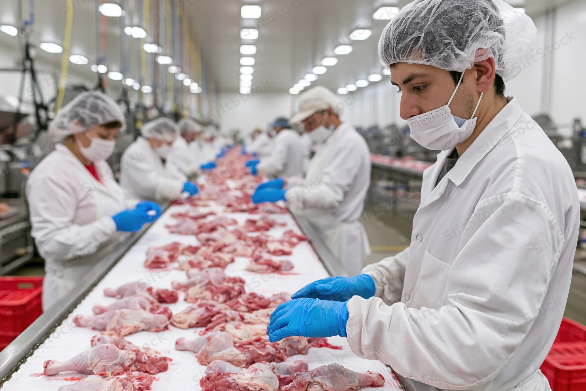 Workers sorting raw chicken pieces on a conveyor line in a meat processing plant