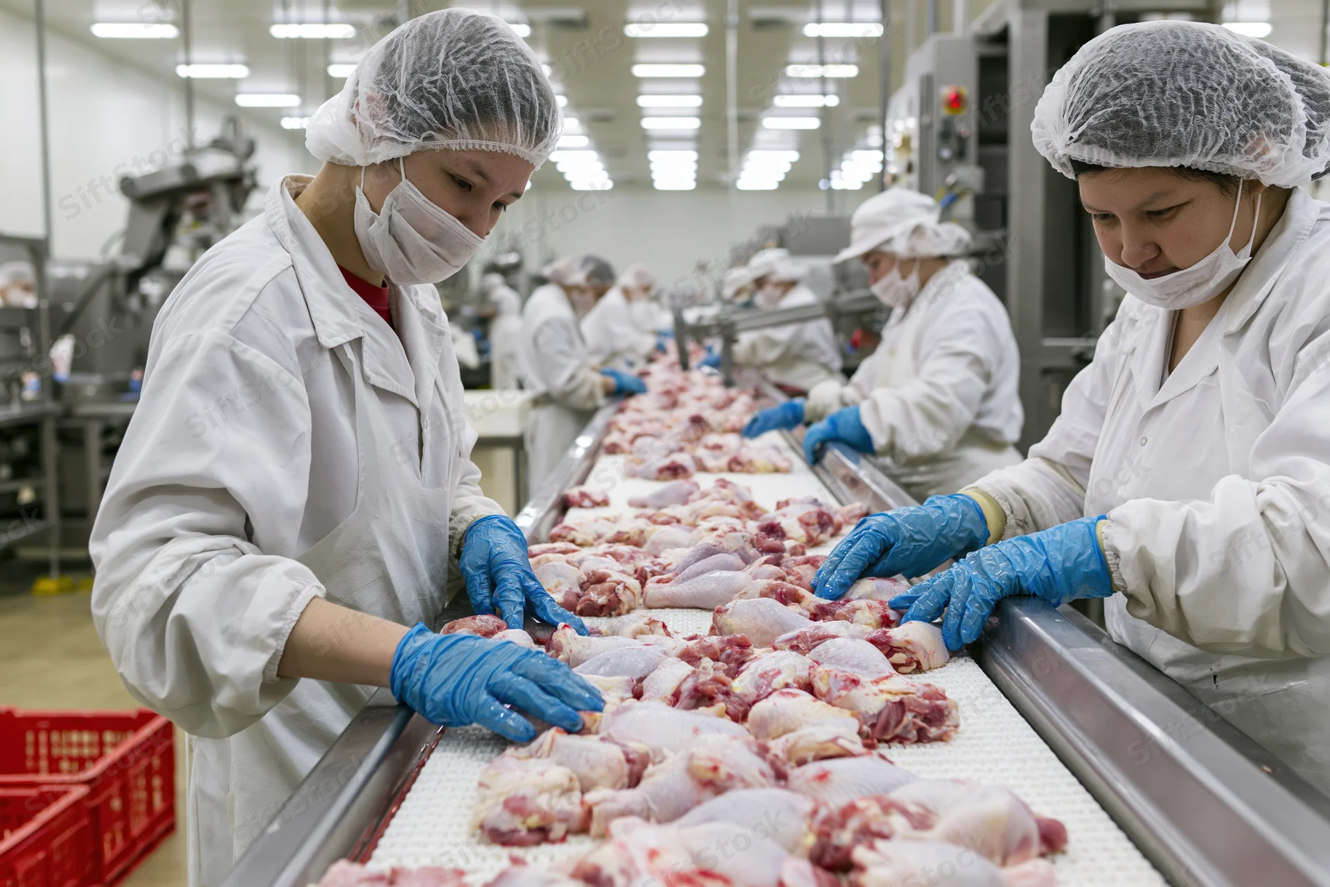 Women in white coats and hairnets inspecting poultry on a conveyor belt in a food processing plant