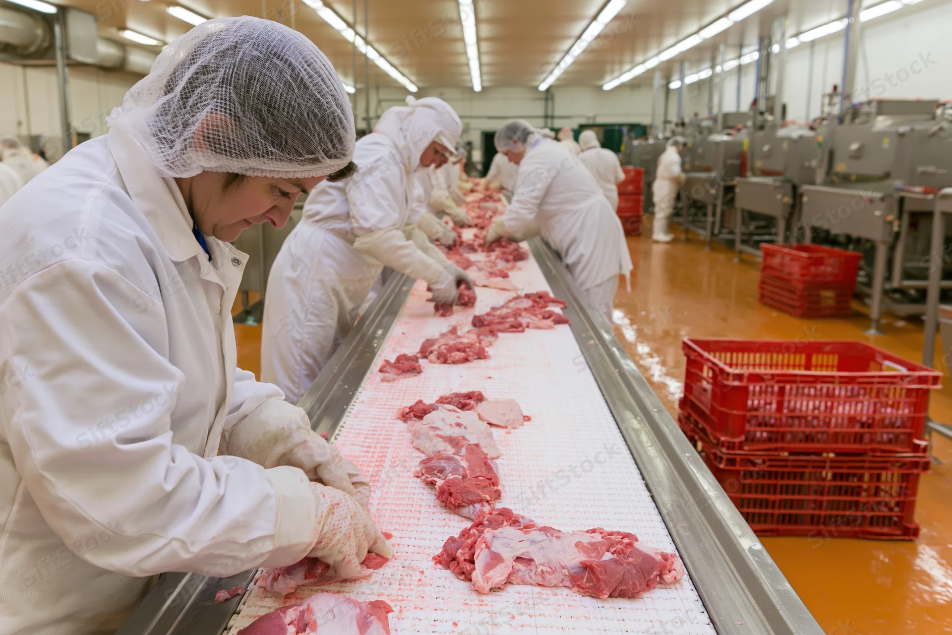 Workers in white protective suits processing meat on a conveyor line in a food processing plant