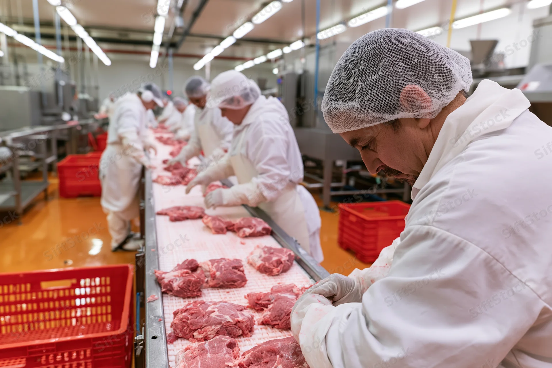 Workers in white protective suits handling raw meat on a conveyor line in a food processing plant