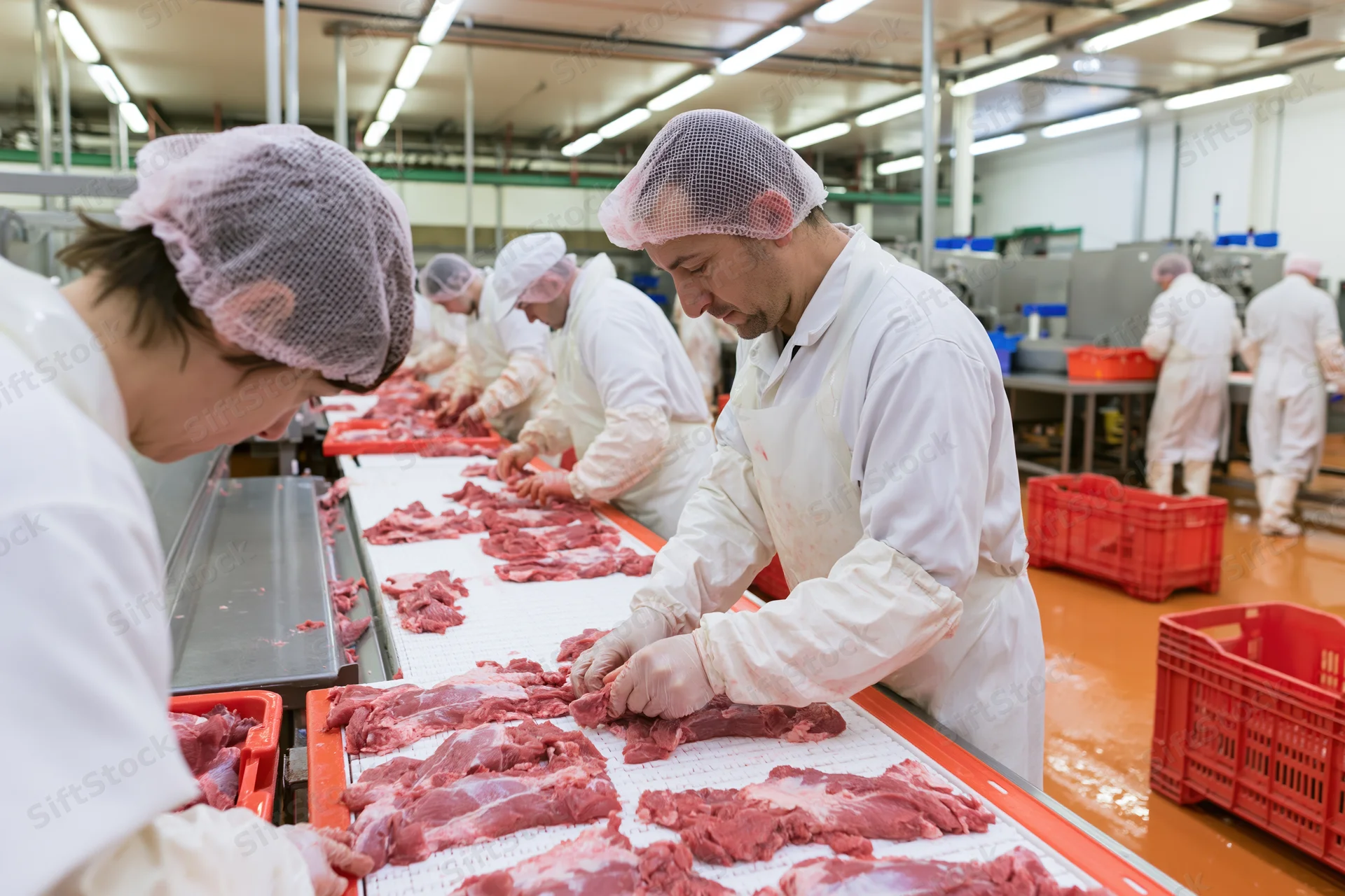 Workers in white protective suits processing raw meat on a conveyor line in a food processing plant