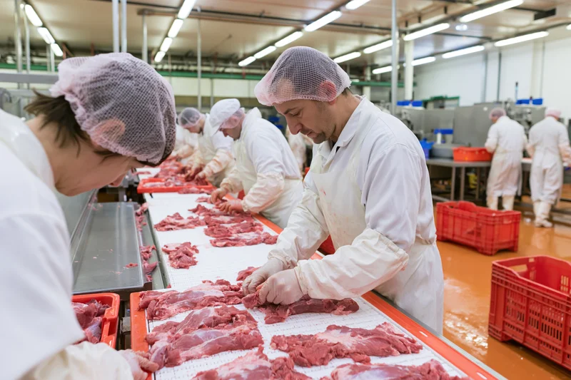 Workers in white protective suits processing raw meat on a conveyor line in a food processing plant