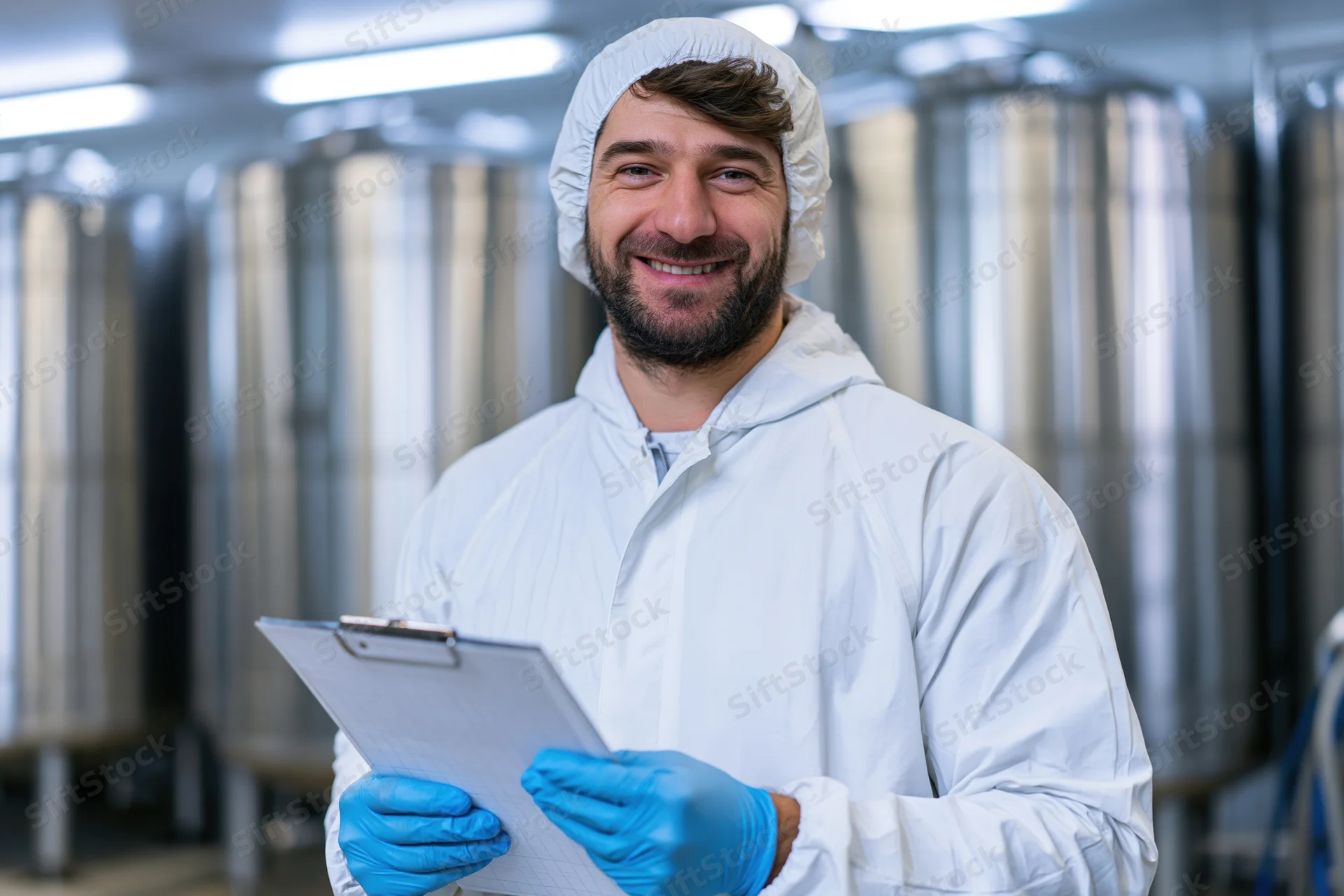 Food processing technician smiling while holding clipboard in brewery facility