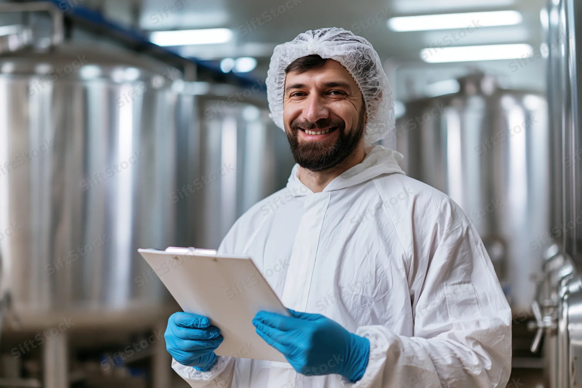 Smiling food processing technician holding clipboard in industrial facility