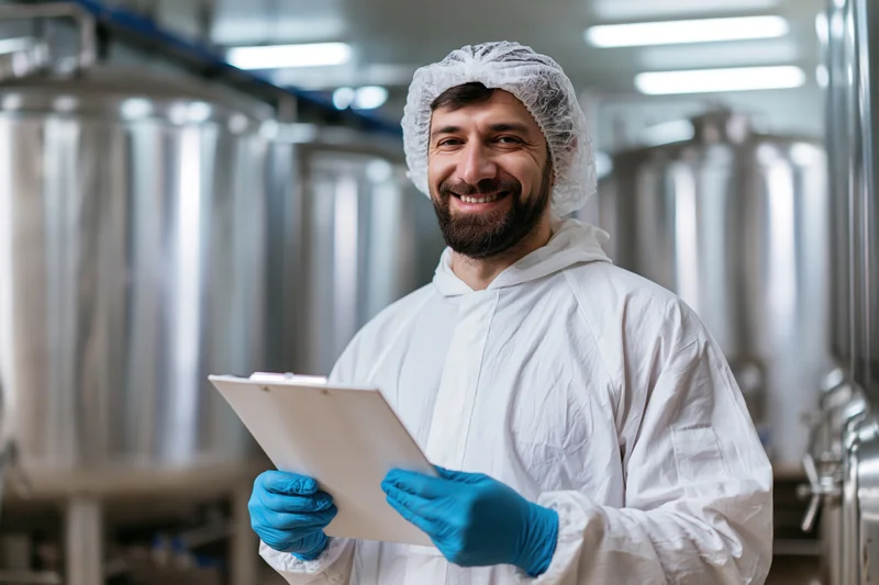 Smiling food processing technician holding clipboard in industrial facility