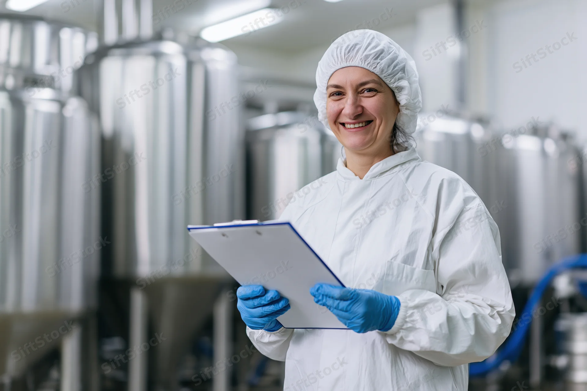 Woman in protective suit holding clipboard in food processing facility
