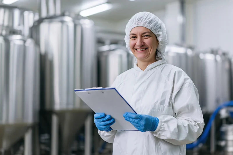 Woman in protective suit holding clipboard in food processing facility