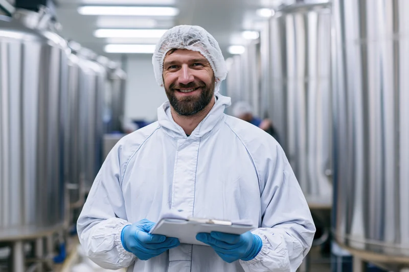 Food processing technician smiling while holding clipboard in factory interior