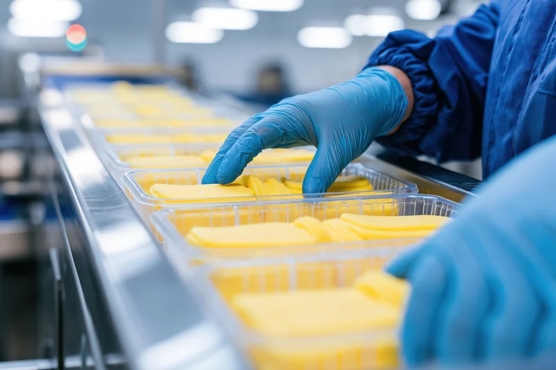 Worker in blue gloves placing sliced cheese into plastic trays on a conveyor in a food processing factory