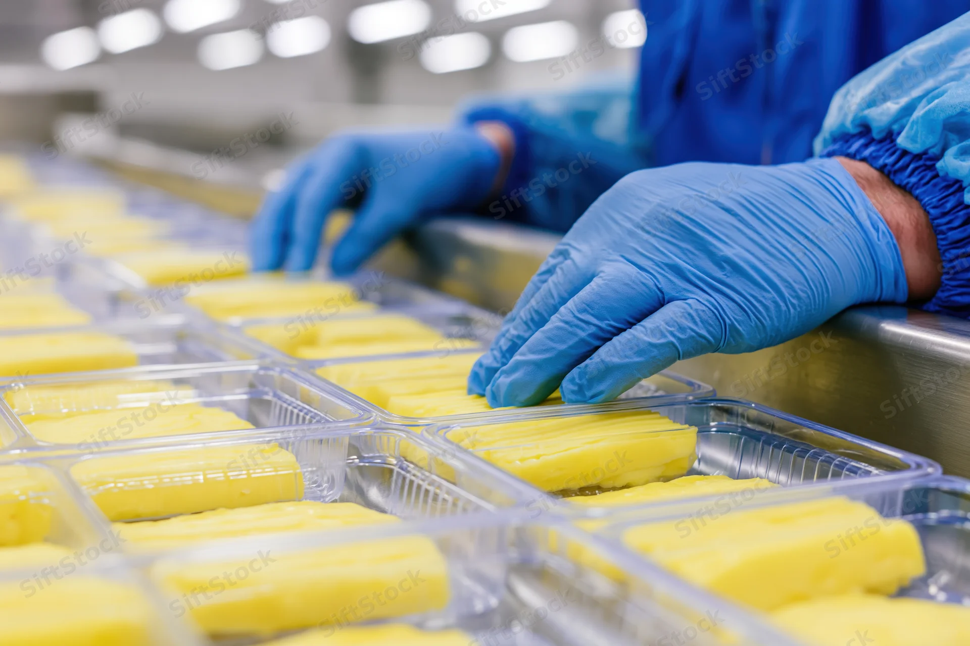 Worker in blue gloves placing butter blocks into plastic trays on a production line