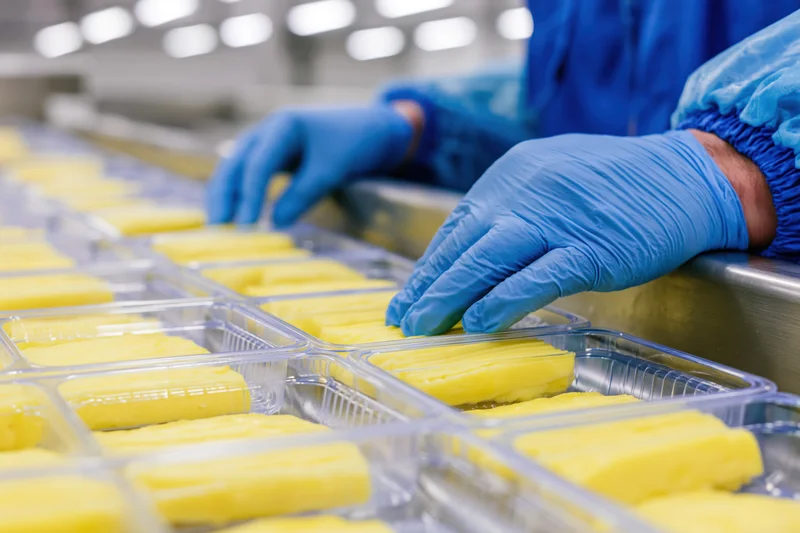 Worker in blue gloves placing butter blocks into plastic trays on a production line