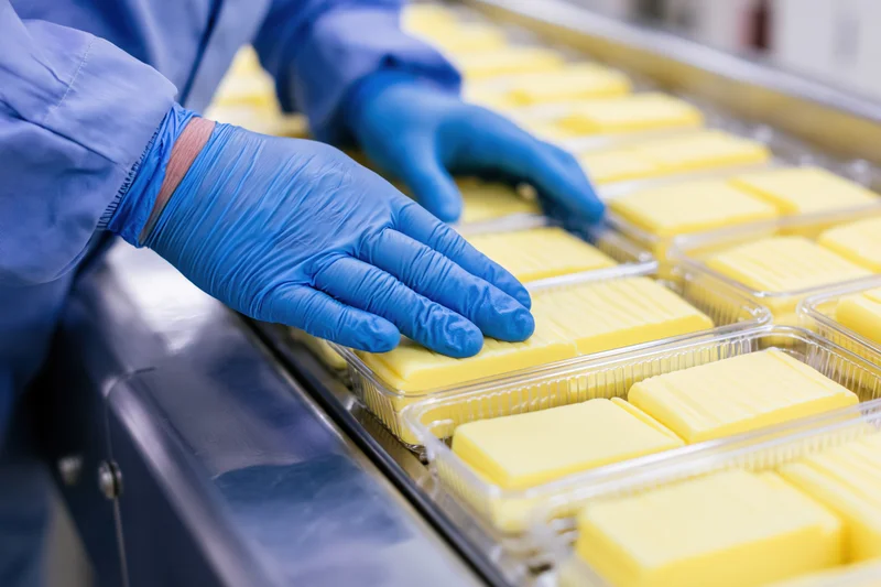 Worker in blue gloves placing butter blocks into plastic trays on a conveyor line