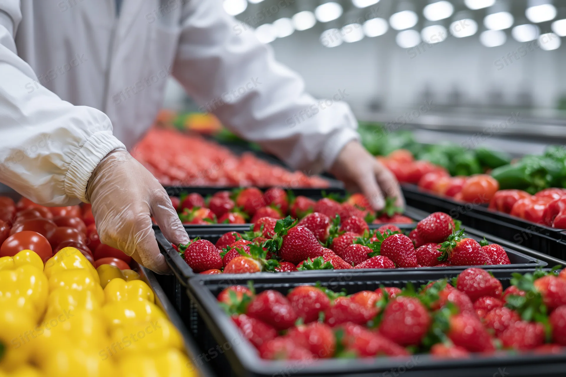 Worker sorting strawberries and vegetables in black trays at a food processing facility