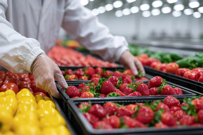 Worker sorting strawberries and vegetables in black trays at a food processing facility