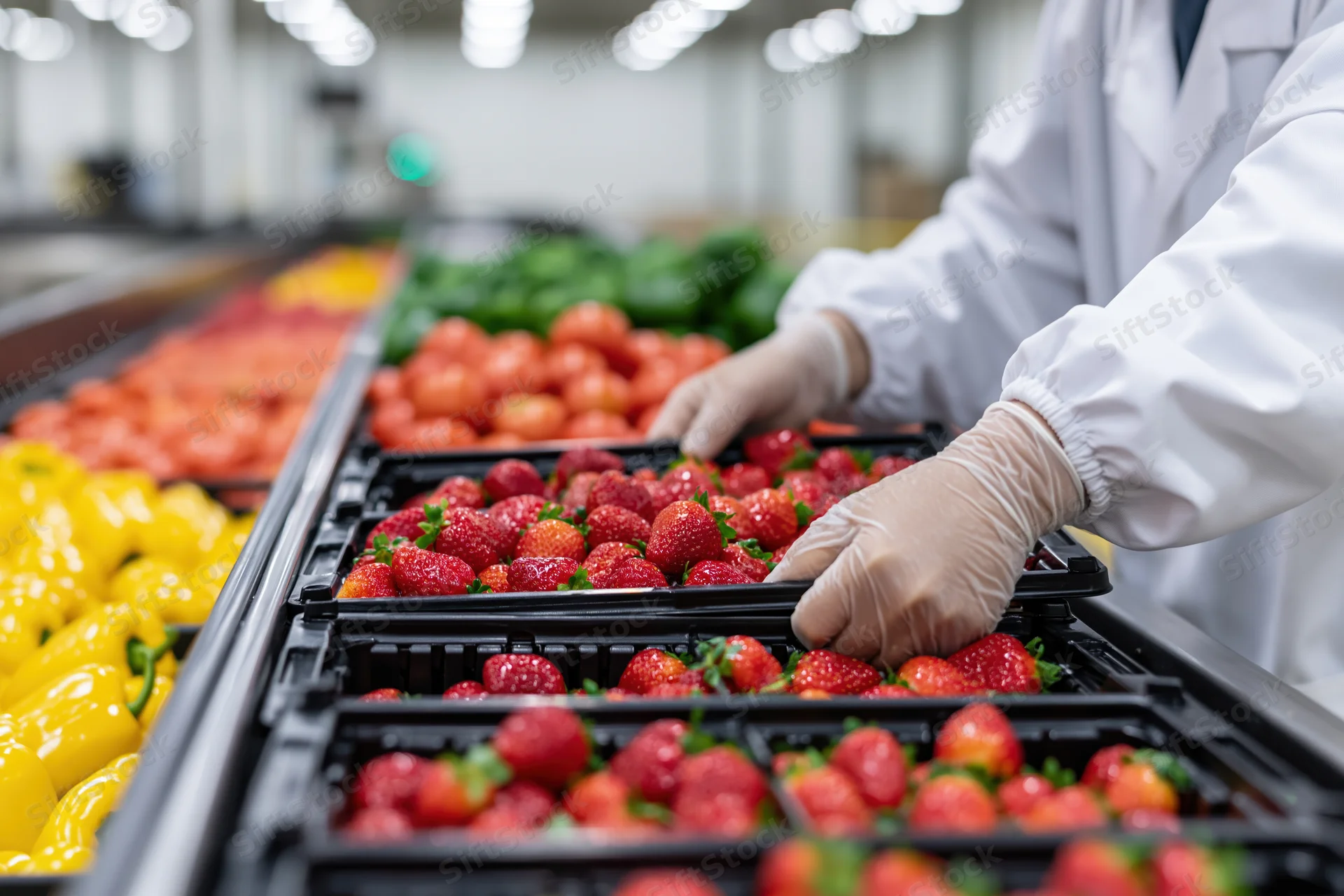 Worker in lab coat and gloves sorting strawberries on a refrigerated grocery shelf