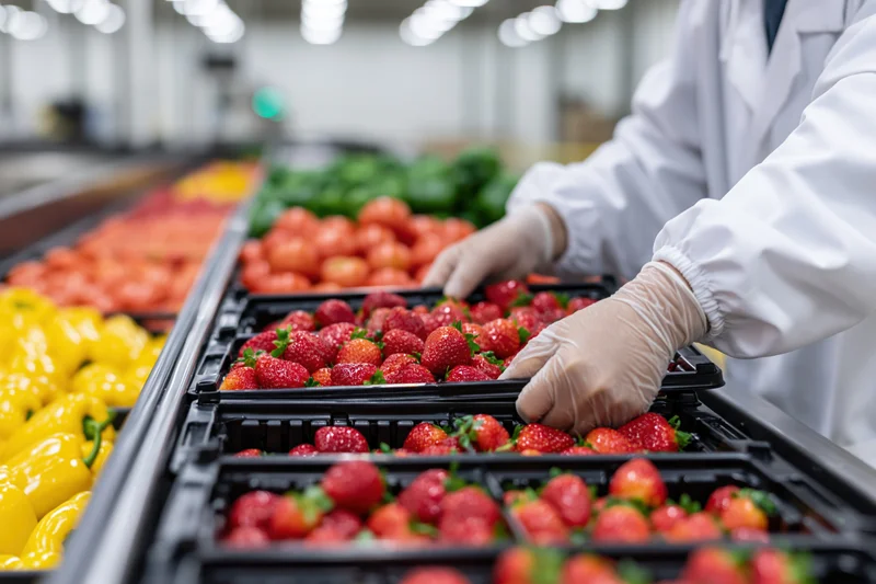 Worker in lab coat and gloves sorting strawberries on a refrigerated grocery shelf