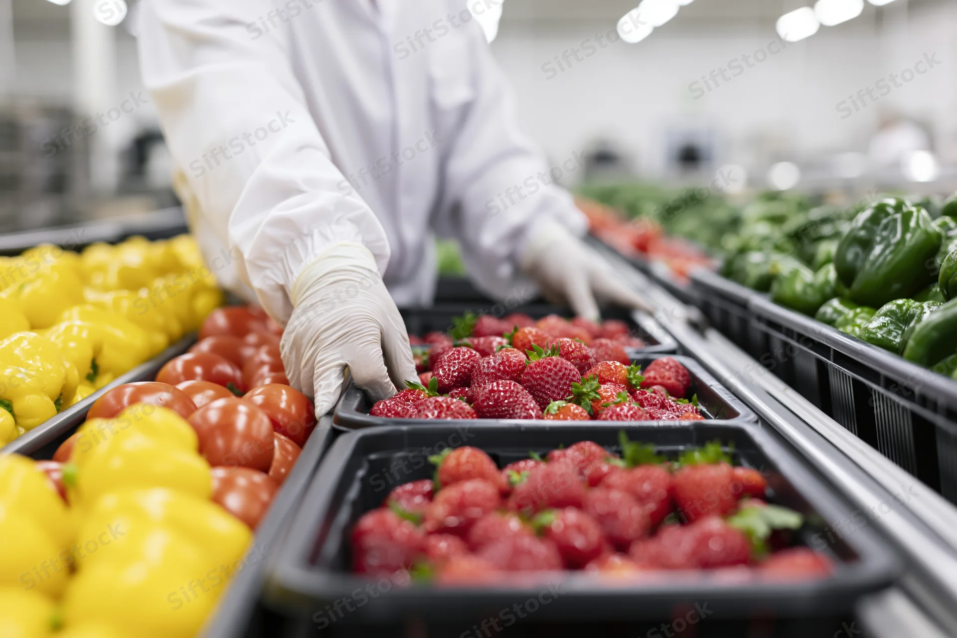 Worker in white coat and gloves sorting strawberries on a conveyor belt in a food processing facility