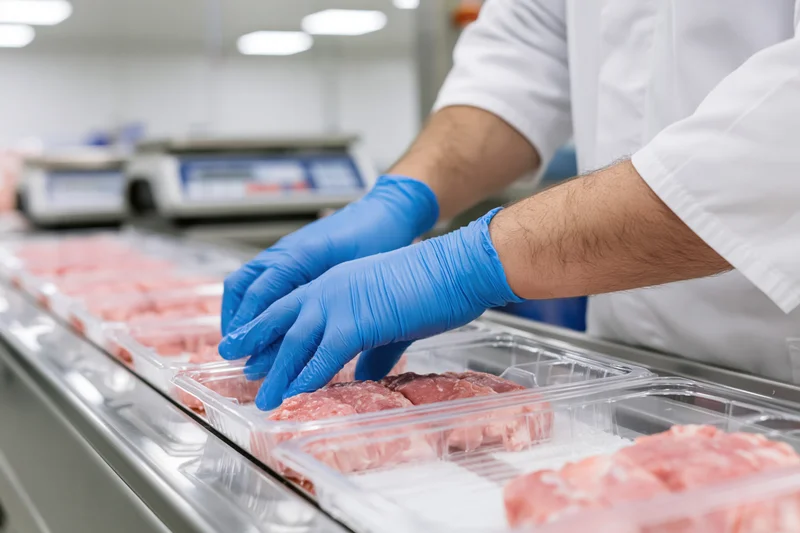 Worker in white lab coat and blue gloves arranging packaged meat on a conveyor line in a food processing facility