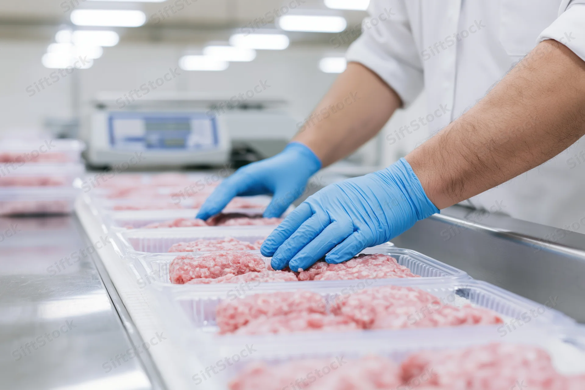 Worker inspecting ground meat in plastic trays on a conveyor belt in a food processing plant
