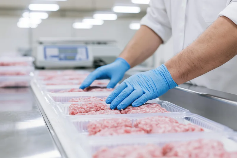 Worker inspecting ground meat in plastic trays on a conveyor belt in a food processing plant