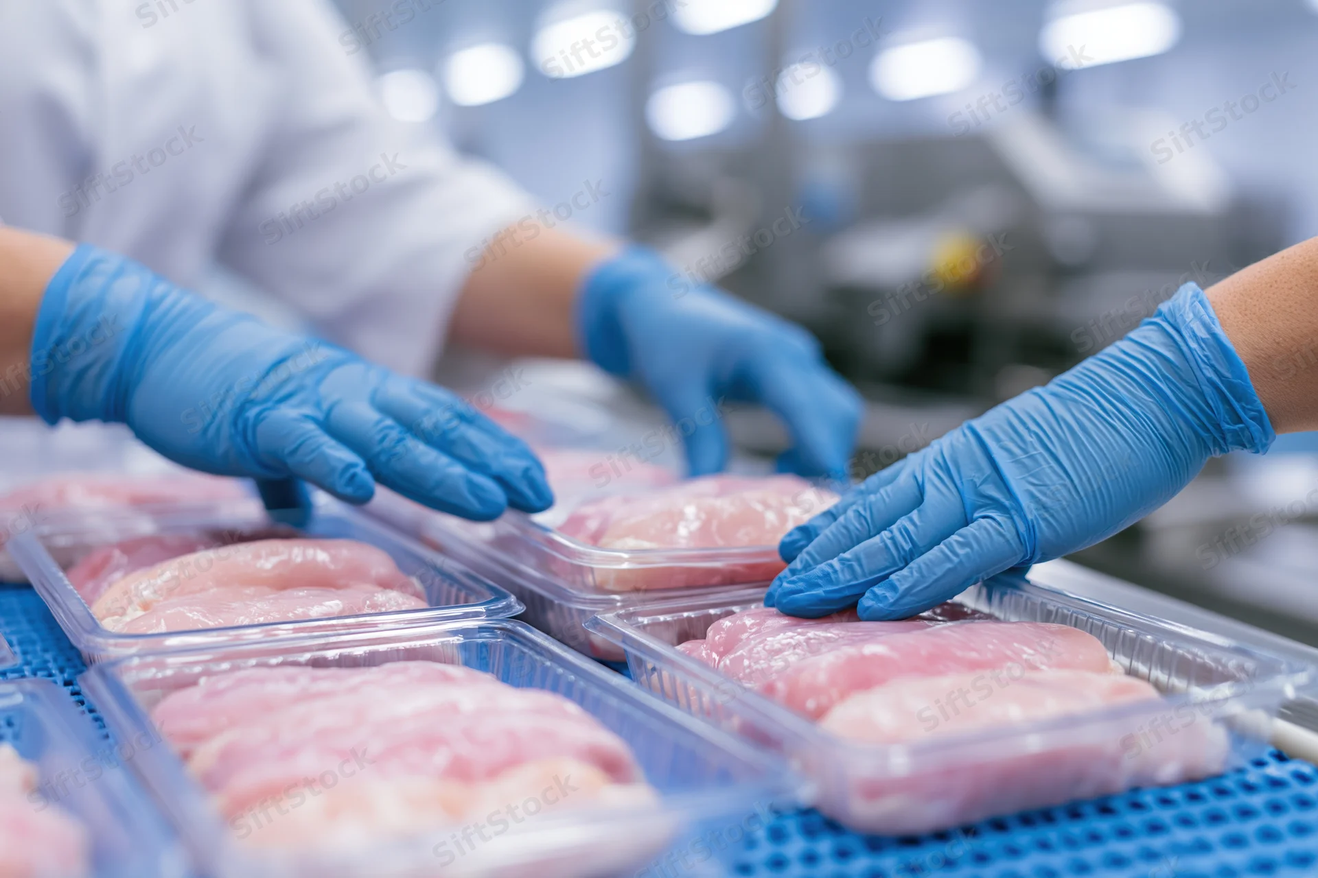 Worker in white coat and blue gloves arranging raw chicken portions in plastic trays on a production line