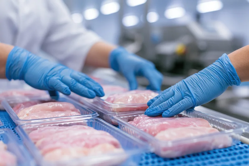 Worker in white coat and blue gloves arranging raw chicken portions in plastic trays on a production line