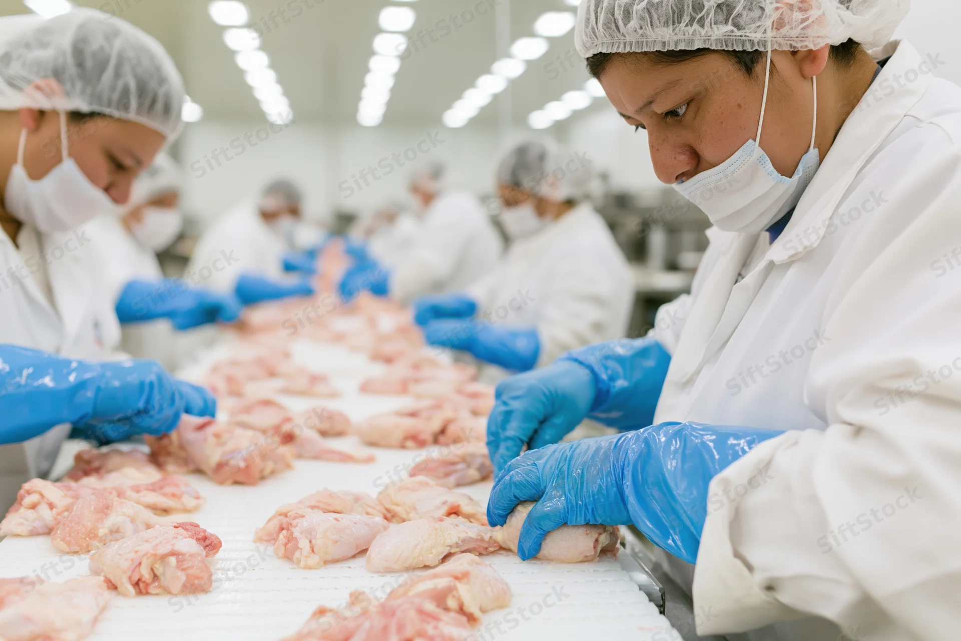 Women in white uniforms and blue gloves processing raw chicken on a production line in a food processing plant