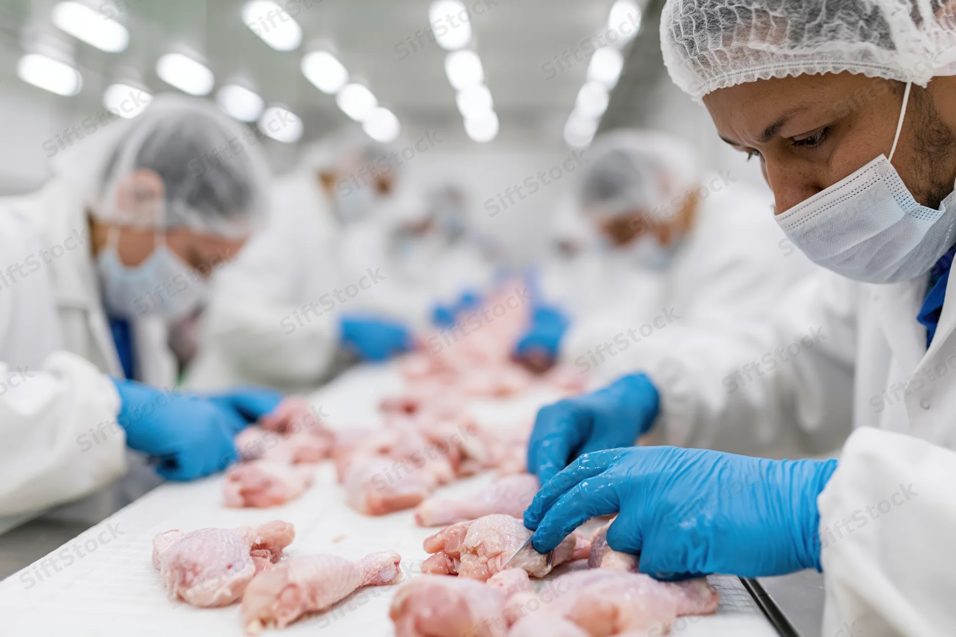 Workers in white uniforms and blue gloves processing raw chicken pieces on a conveyor line in a food processing plant