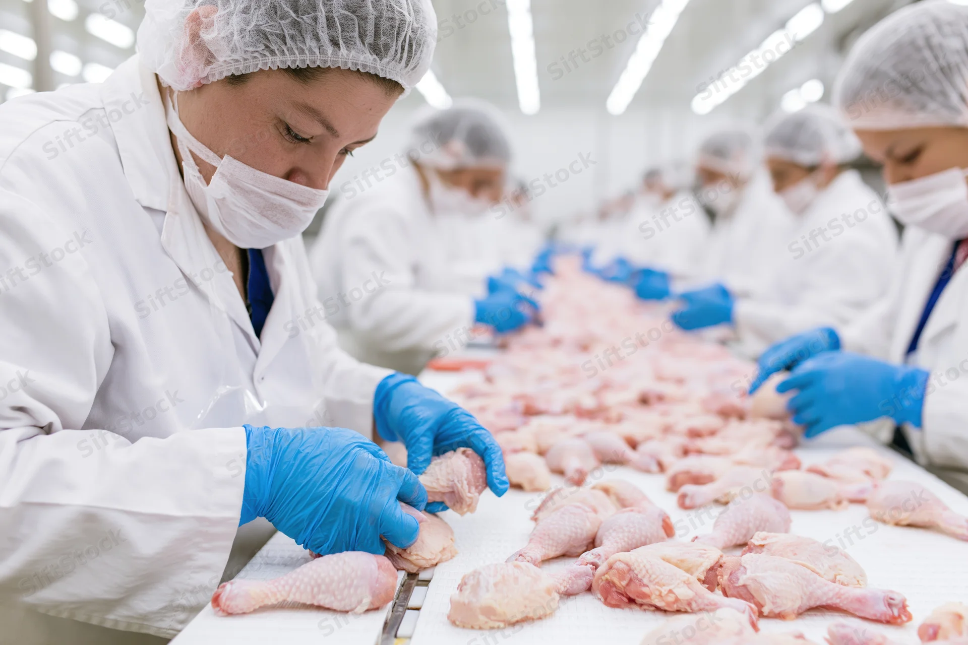 Workers sorting raw chicken pieces on a conveyor line in a food processing plant