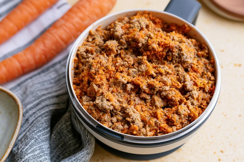 Food processor bowl filled with chopped meat and carrot mixture on countertop