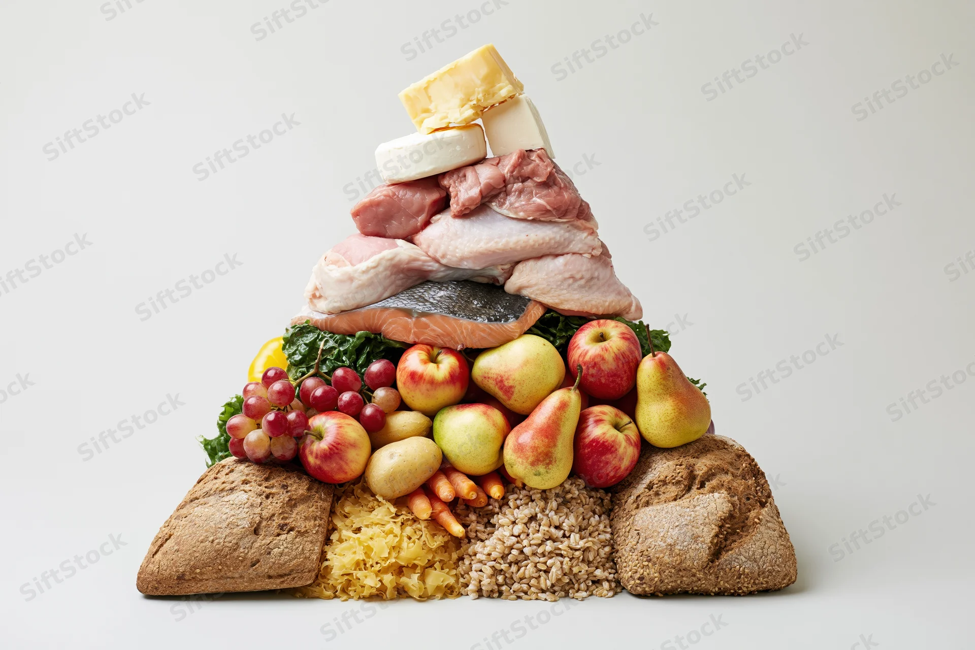 Food pyramid made of real ingredients arranged in layers from grains to dairy on white background