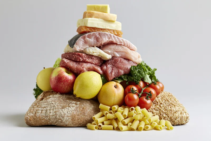 Food pyramid made of real ingredients stacked in layers with bread, pasta, fruits, vegetables, meats, fish, dairy at base and top