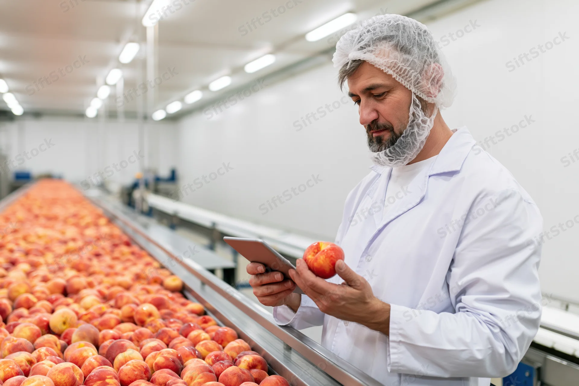 Man in lab coat and hairnet inspecting peaches on conveyor belt in food processing facility