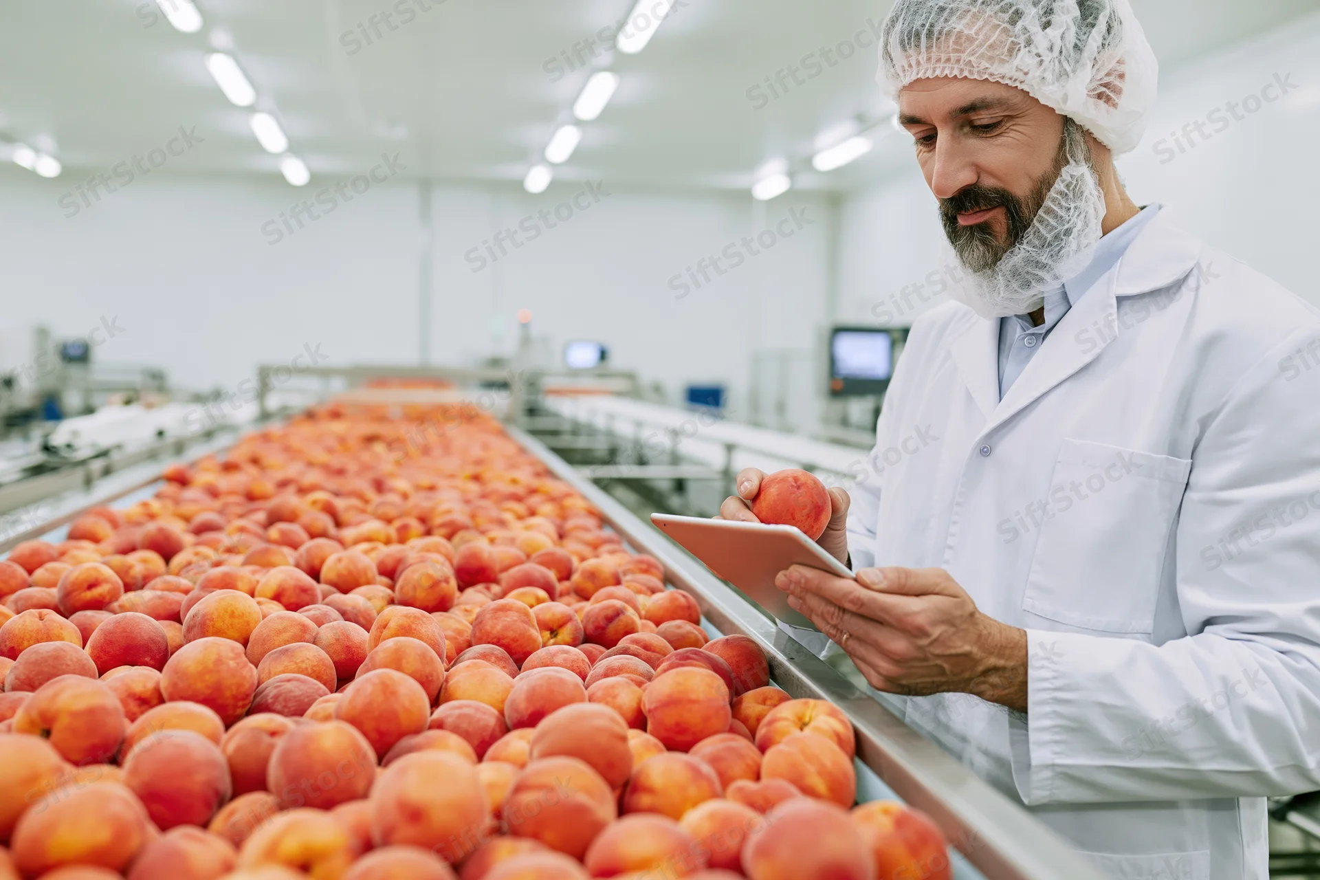 Man in lab coat and hairnet inspecting peaches on conveyor belt in factory