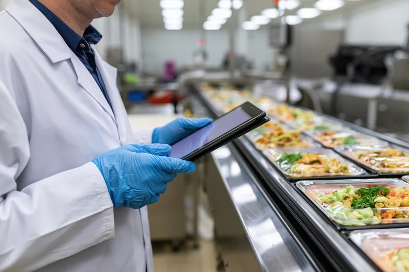 Food safety inspector in white lab coat and blue nitrile gloves using tablet to inspect packaged meals on conveyor in commercial kitchen