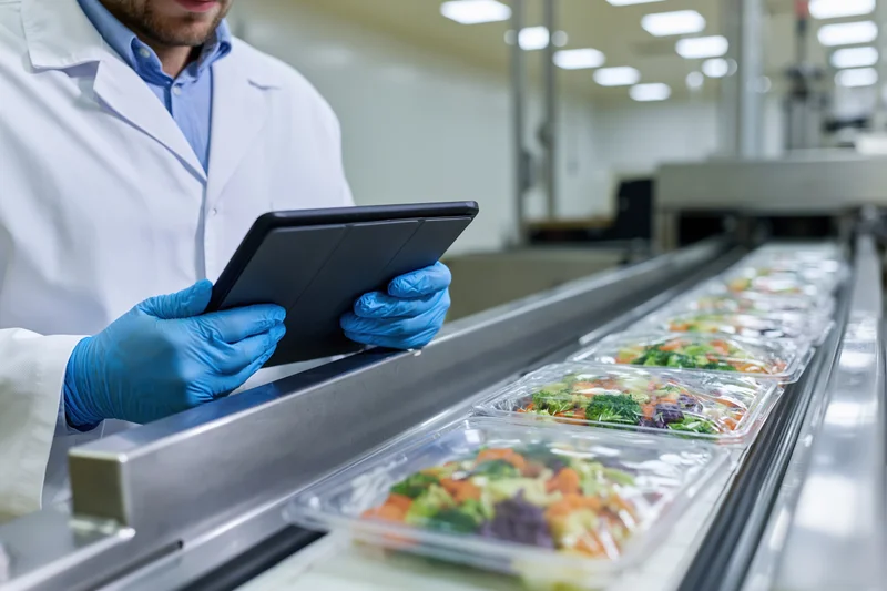 Food safety inspector using tablet to monitor packaged vegetables on conveyor line in factory