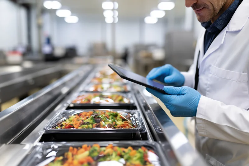 Food safety inspector using tablet to inspect meals on conveyor line in factory