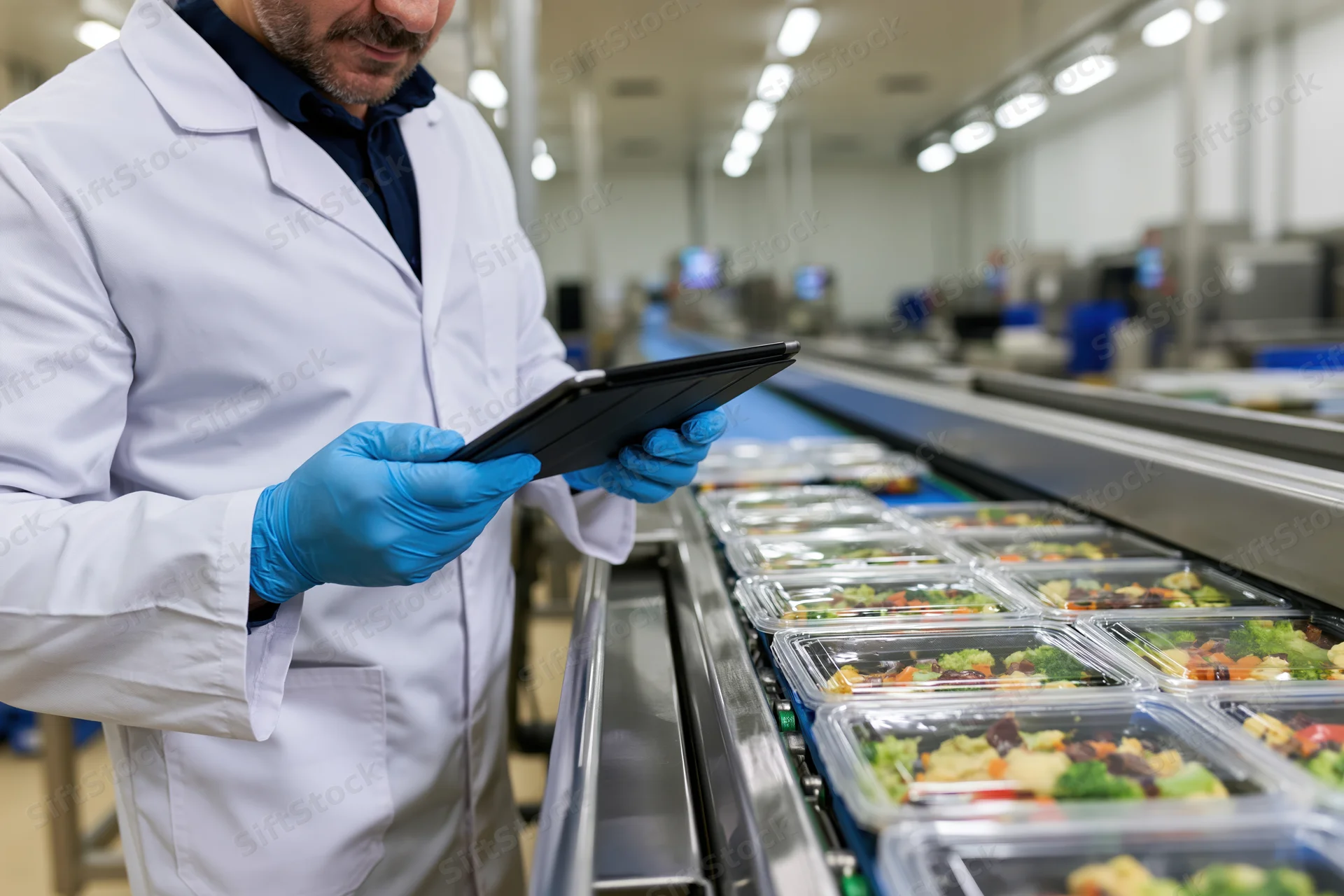 Food safety inspector in white lab coat and blue nitrile gloves using tablet to inspect packaged meals on conveyor line in food manufacturing facility