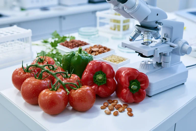 Fresh tomatoes and peppers on a lab workbench beside a microscope for food safety analysis
