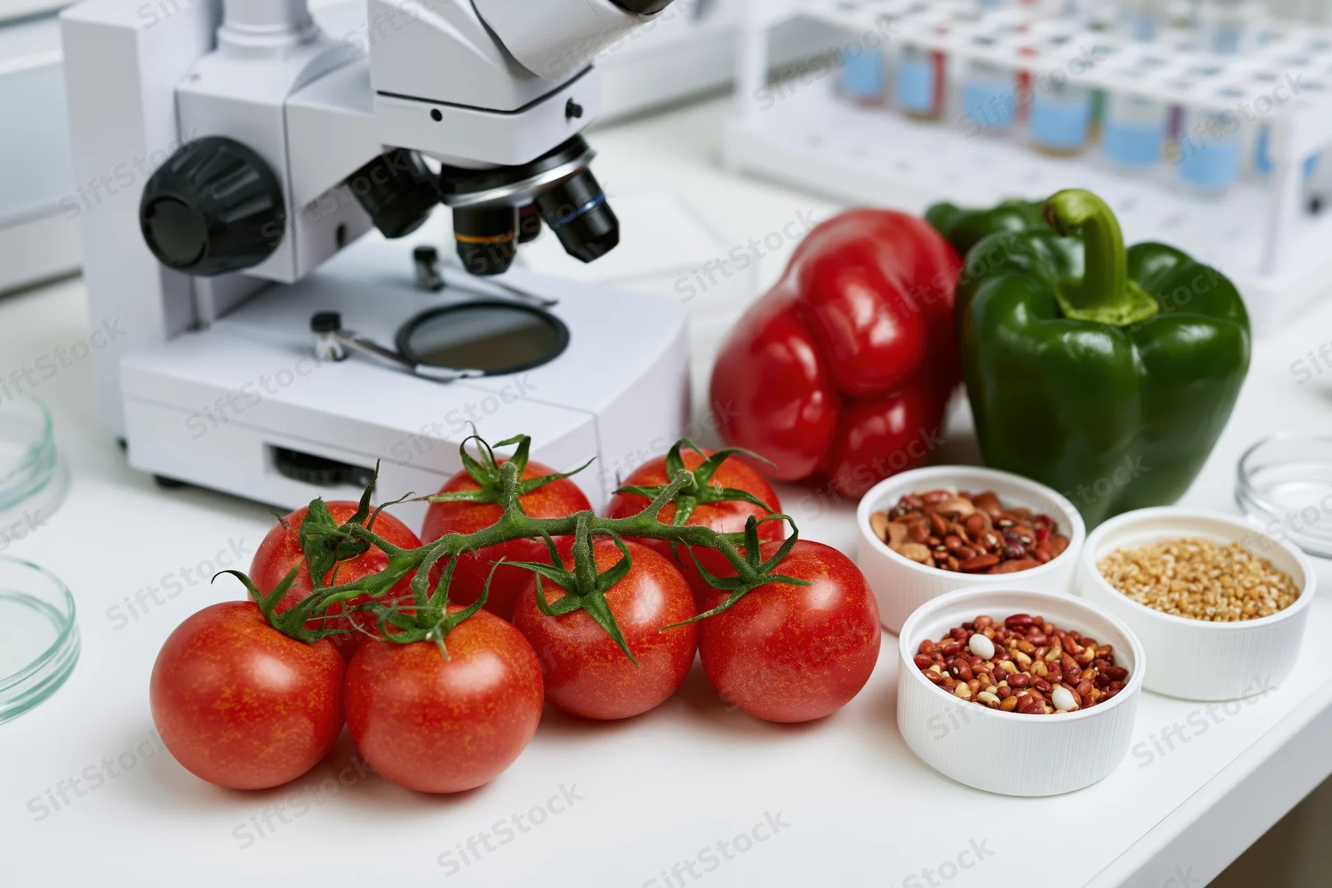 Fresh tomatoes and vegetables on a laboratory workbench with microscope and test tubes for food safety analysis